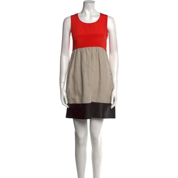 Celine x Phoebe Philo Colorblock Silk Linen High Neck Leather Trim Mini Dress 36